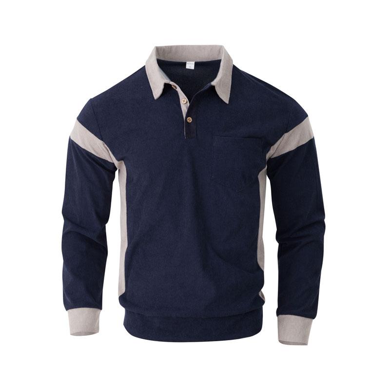 Autumn Winter American Retro Corduroy Polo Shirts Men Fashion Contrasting Color Polos Pullover Casual Tops
