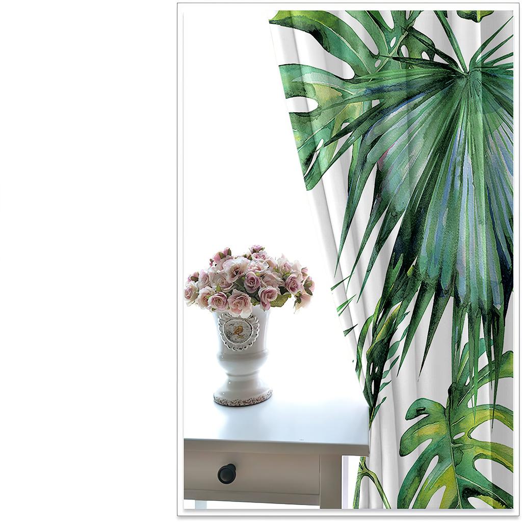 2panels Palm Leaf Pattern Window Curtain Tropical Plant Leaves Green White Drapes For Bedroom Living Room Kitchen Room Home Deco