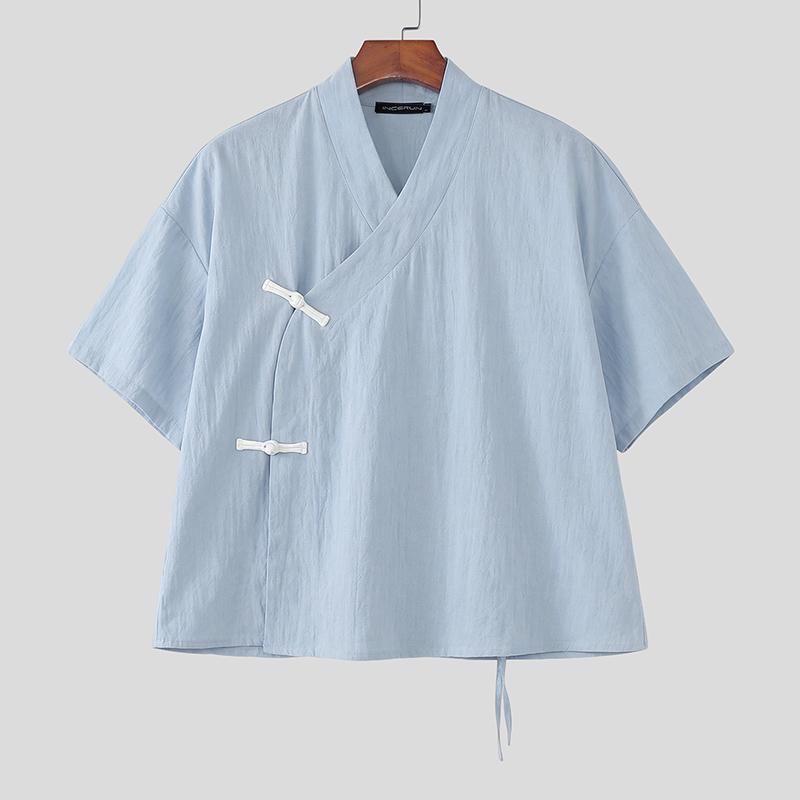 INCERUN Camicie Casual Estive Oversize da Uomo con Scollo a V a Maniche Corte Nodo Retro Top