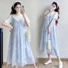 Summer Maternity Korean Style Cotton T-shirt with Chiffon Embroidery Two-Piece Dress