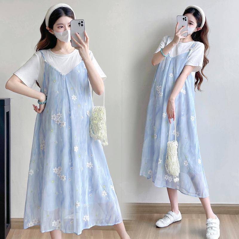 Summer Maternity Korean Style Cotton T-shirt with Chiffon Embroidery Two-Piece Dress