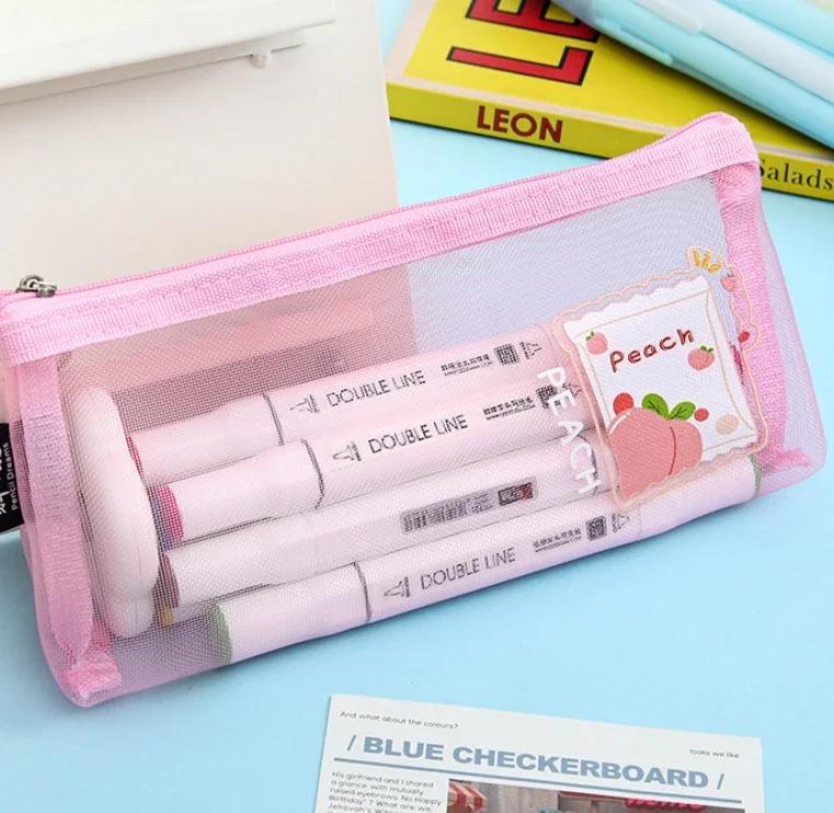 Cute Cartoon Mesh Pencil Case Large Capacity Transparent Stationery Storage Bag Cosmetic Organizer for Girls School Supplies