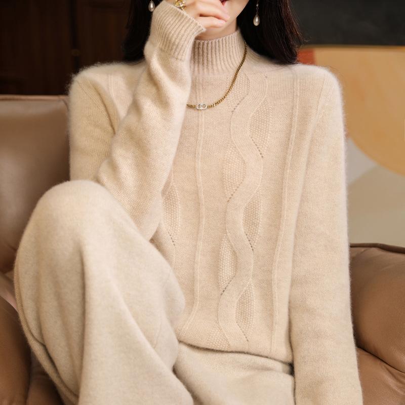 Half-high Neck Hollow Large Wavy Cardigan for Women In Autumn and Winter Loose and Versatile Knitted Base Shirt Skin-friendly Long-sleeved Sweater