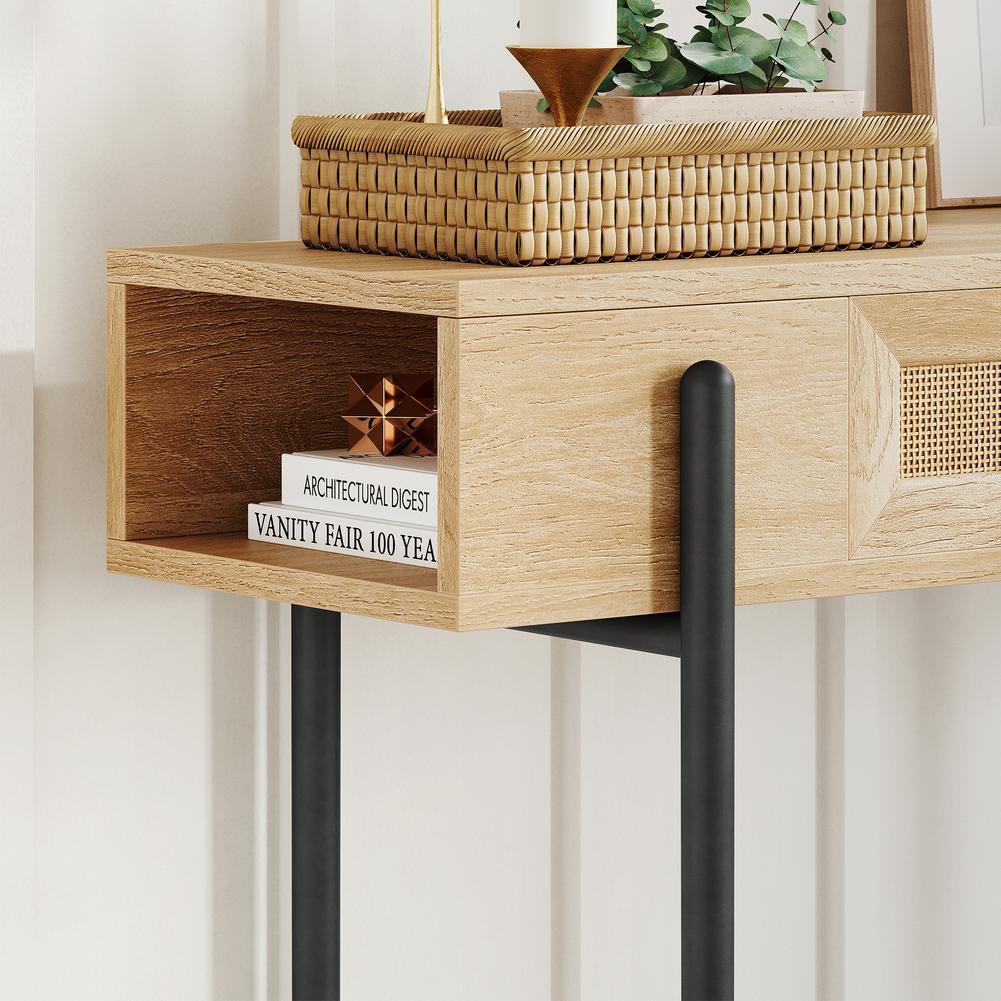 Rattan Console Table Rustic Sofa Tables Narrow Entryway Table with Drawer Storage Home Furniture for Living Room Bedroom Hallway