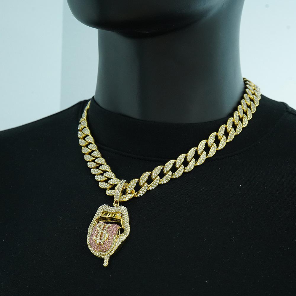 Big Mouth Tongue Out US Dollar Personalized Hip Hop Pendant Full of Diamonds Trendy Necklace for Men and Women Cuban Necklace