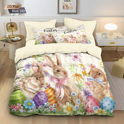 3pcs Easter Cute Cartoon Rabbit Flower Easter Egg Printed Quilt Set Multi Size Bedding Decoration Soft Machine Washable