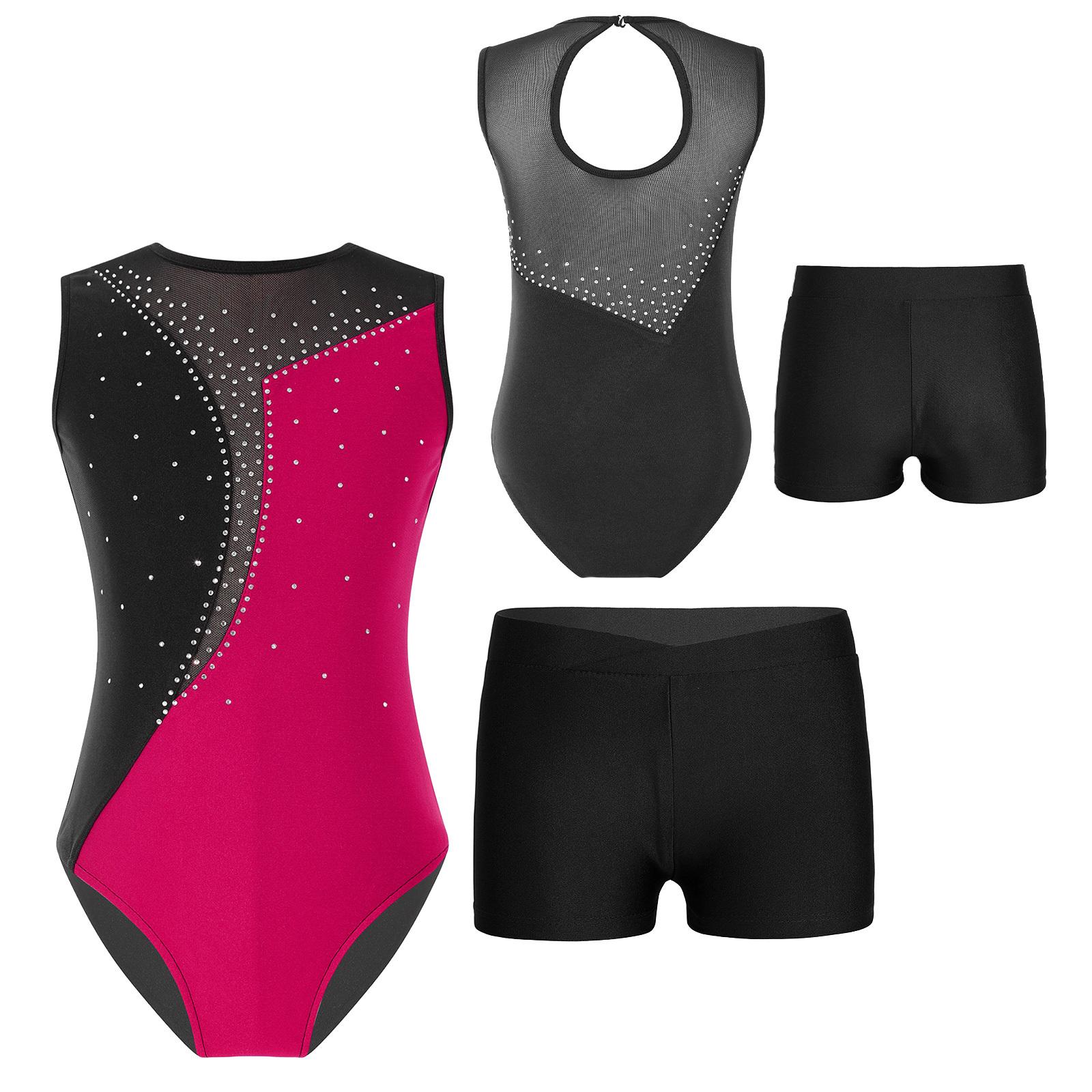 

Дитяче гімнастичне купальник без рукавів із шортами для дівчаток Балетний комбінезон Танцювальне вбрання Спортивний тренувальний костюм 5-6 Years чорний/гарячі рожевого кольору