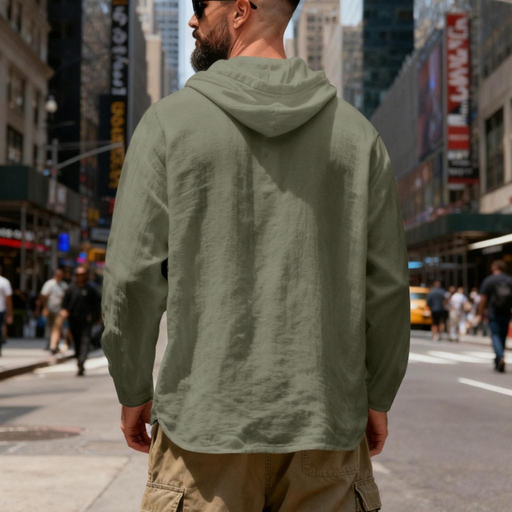 Herren Leinen Kapuzenpullover Leichtes Hawaiihemd Lässiges Strandhemd Mit Taschen