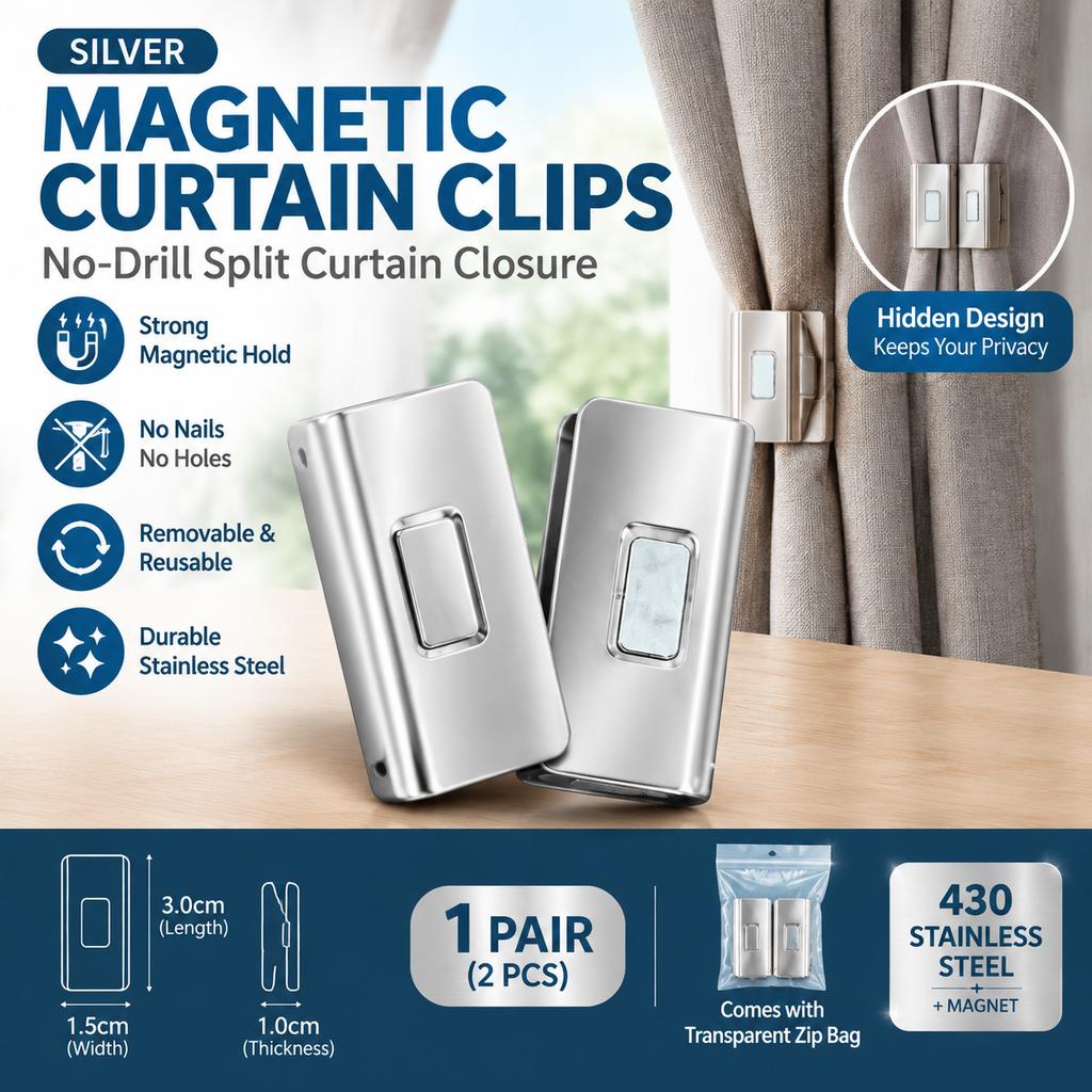 Magnetic Curtain Clips, Silver, 1 Pair, 430 Stainless Steel, No-Drill Closure