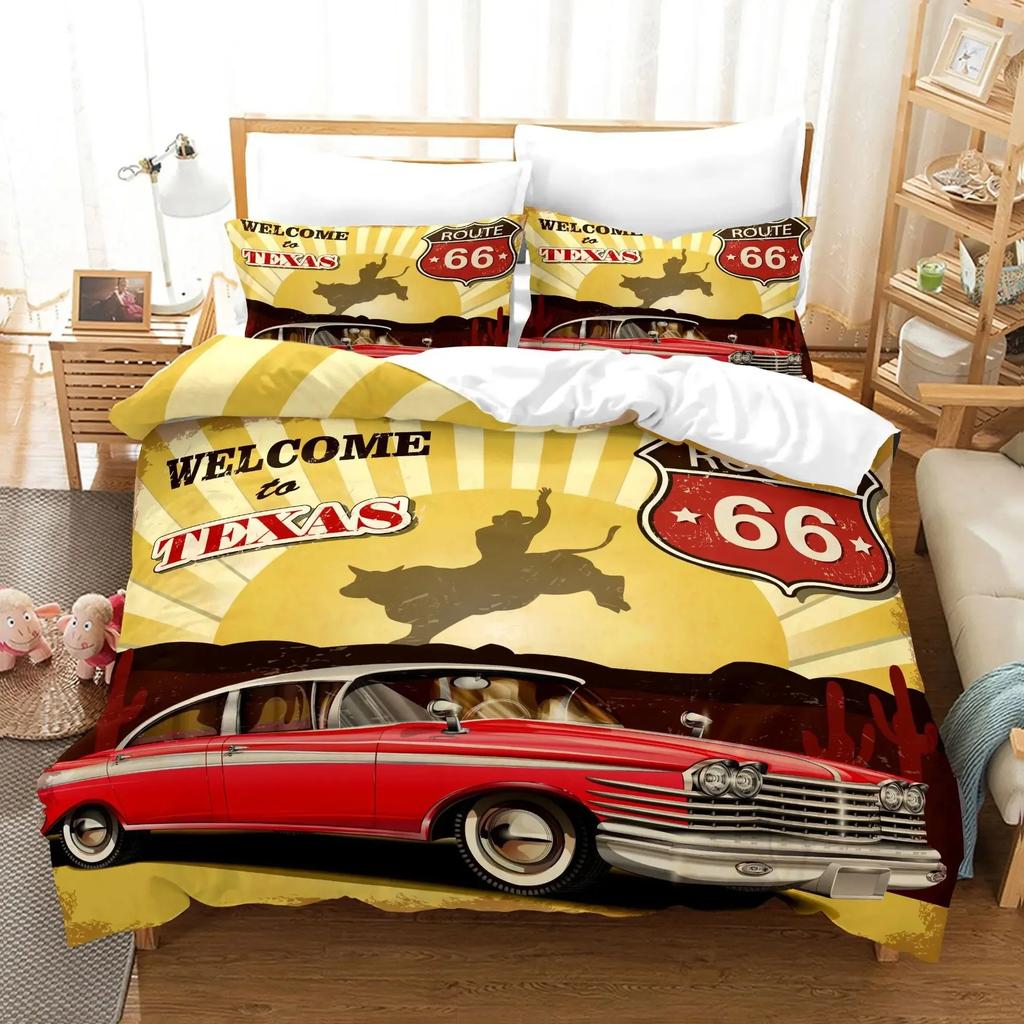 Cars Duvet Cover Traditional Old Car Race Nostalgic American Car Bedding Set Classic Cars Polyester Quilt Cover for Boys Teens