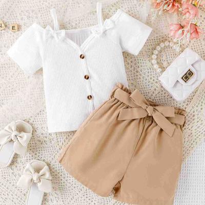 Girls' Fashion Set Summer Children's Strappy Top Cute Bow V-neck Short-sleeved Shirt and Shorts Two-piece Set