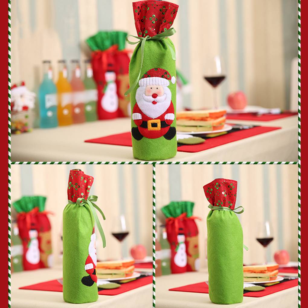 Hochwertige Weihnachts-Weinflaschenhülle aus Vliesstoff mit Kordelzug und Pailletten, Schneemann, Hirsch, Weihnachtsschmuck, Navidad-Flaschenhülle