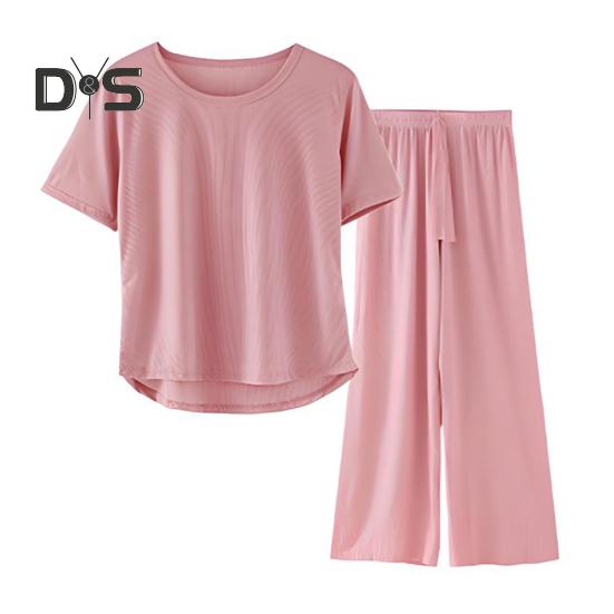 Women's Summer Pajama Set Round Neck Short Sleeve Top And Pants Sleepwear Set Casual Loose Two Piece Lounge Set