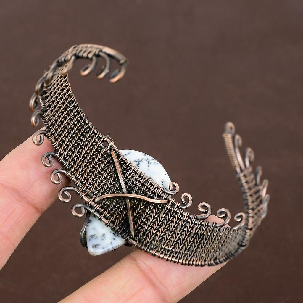 Dendrite Opal Handmade Copper Wire Wrap Bangle Adjustable f8P30