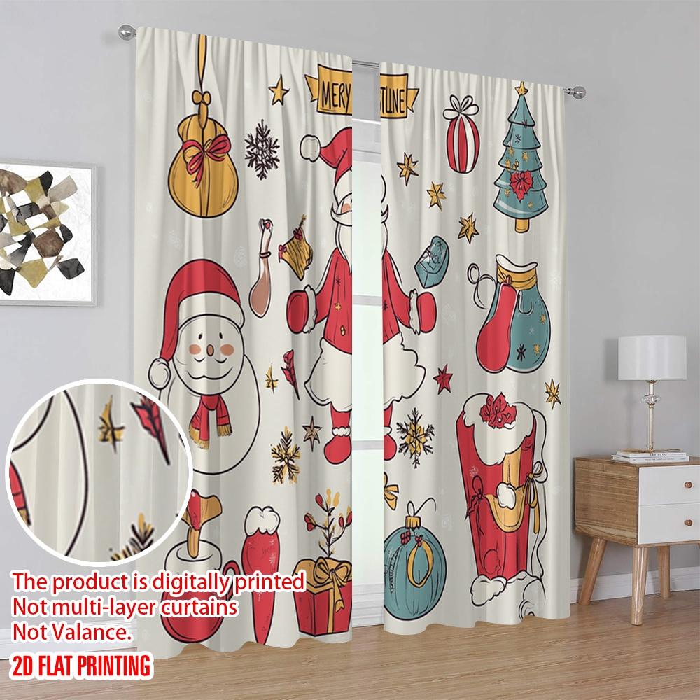 2pcs,2D Plane Printing Window Curtain Christmas Ornaments Merry Christmas Gifts Polyester Fabric (without Rod) Decorations For