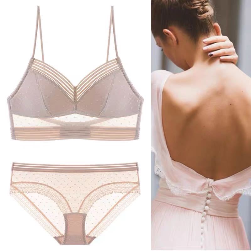 Women Bra See-through Mesh Back Closure Striped Spaghetti Strap Breast Support Padded U-shaped Back Brassiere Inner Wear Clothes