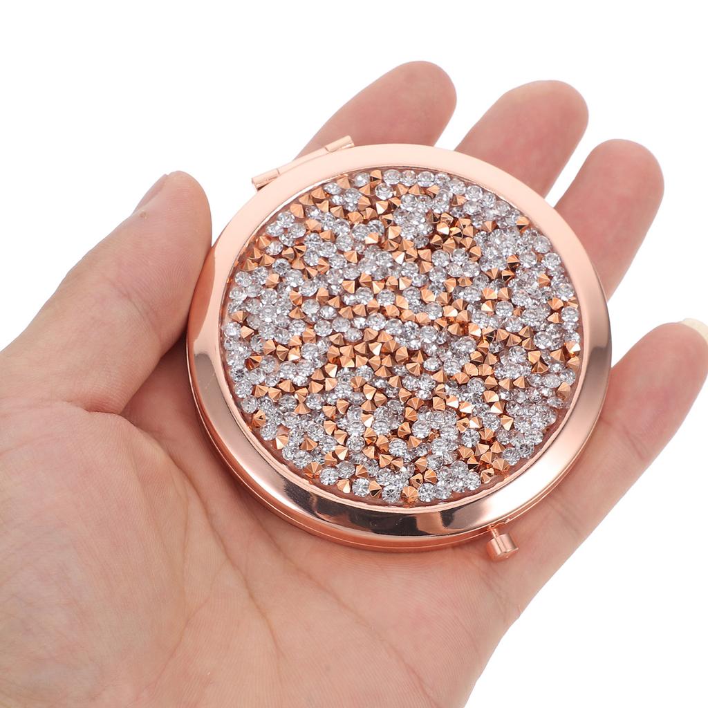 Mini Klapp-Strass-Roségold-Kosmetikspiegel Tragbar Kompakt Rund Reiseformat Tasche für Handtasche Kleiner Handspiegel