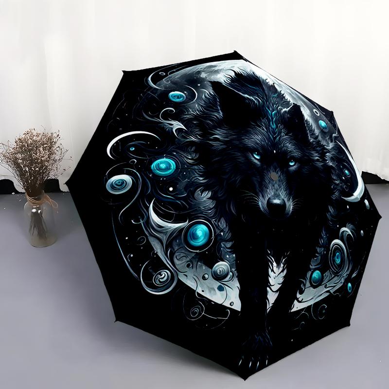 

1pc Wolf Theme pattern Umbrella Portable Folding Umbrella Iron Frame Hole Bone Structure Outdoor Home Umbrella