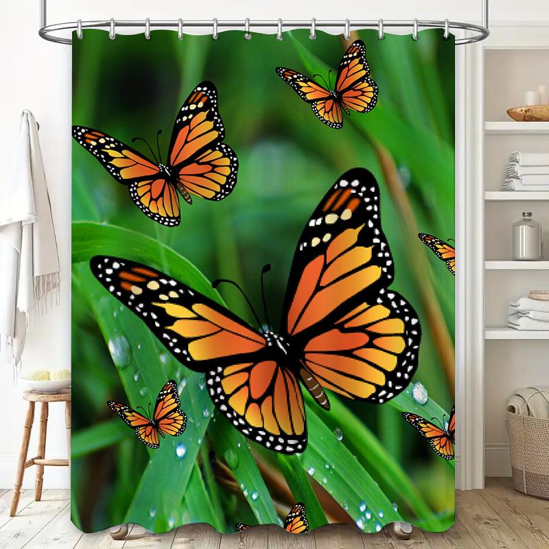 Butterfly Printed Shower Curtain Home Decor Waterproof Polyester Fabric Yellow Black Orange Butterfly Garden Bath Rug Decoration