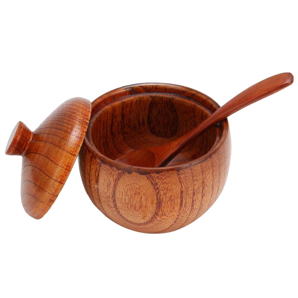 Wood Spice Pot Sugar Bowl Salt Pepper Seasoning Box with Spoon and Lid Kitchen Tool