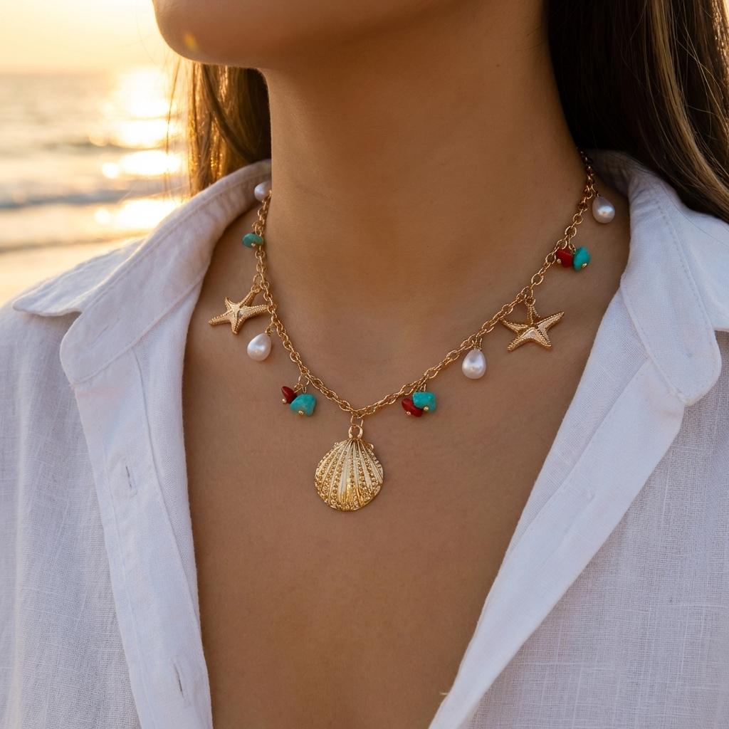 Vintage Boho Exaggerated Big Starfish Shell Necklace for Women Gold Color Coral Pearl Scallop Choker Summer Beach Party Jewelry