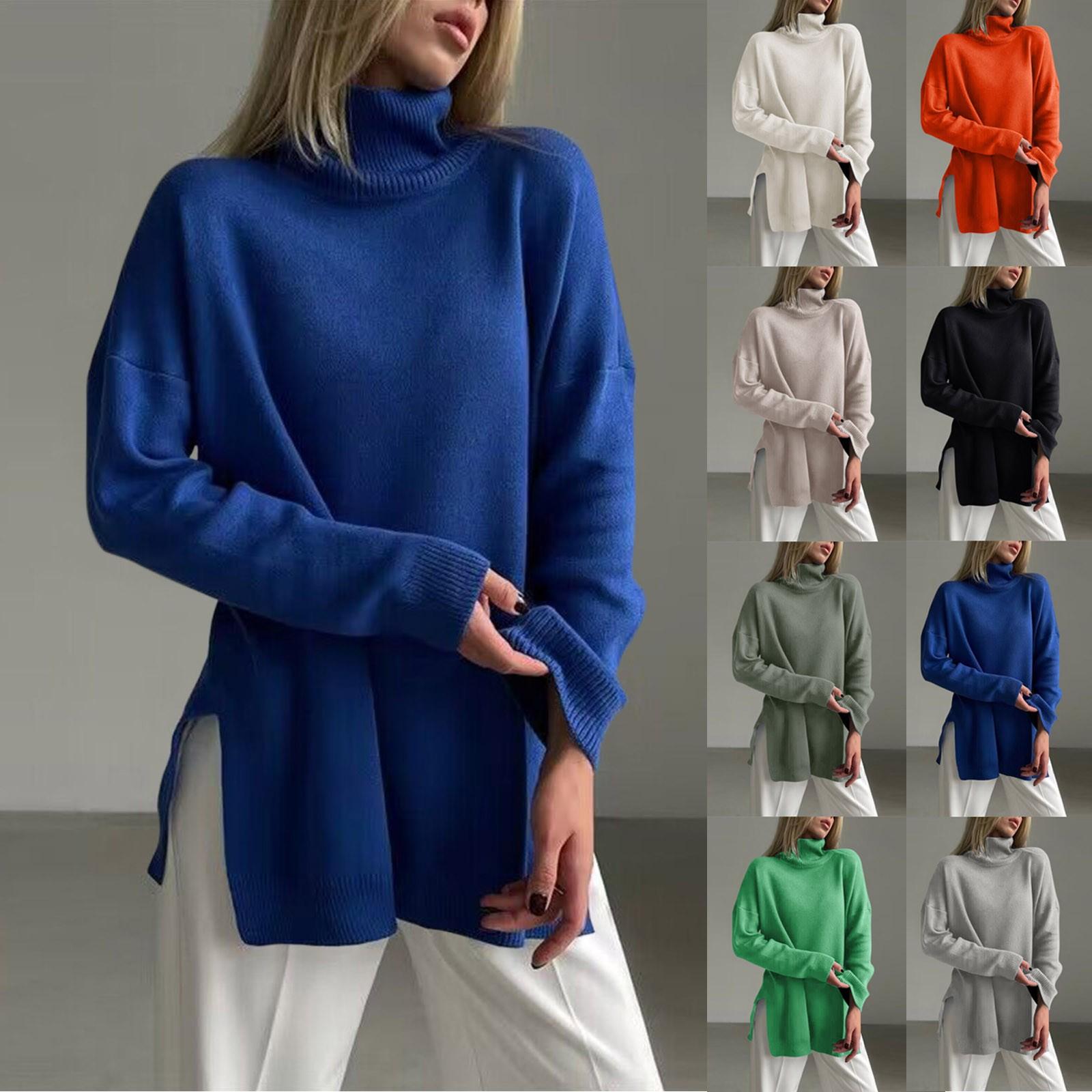 

Women s Fashion Casual Solid High Collar Hem Split Long Sleeve Sweater Top