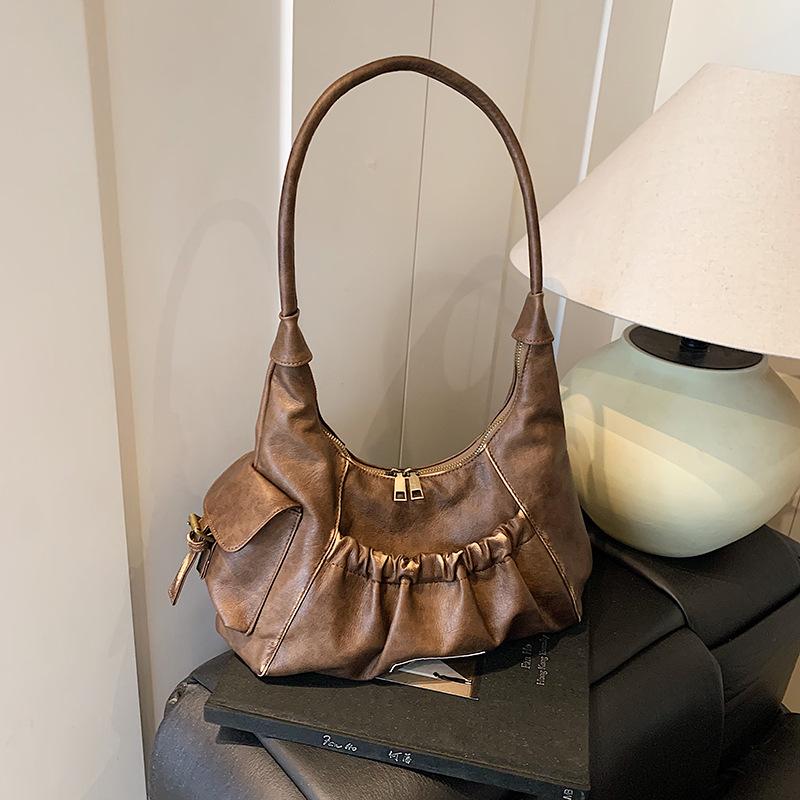 

Ретро сумка подмышку женская 2025 новая трендовая плиссированная сумка-багет в стиле Майяр, универсальная вместительная сумка коричневый