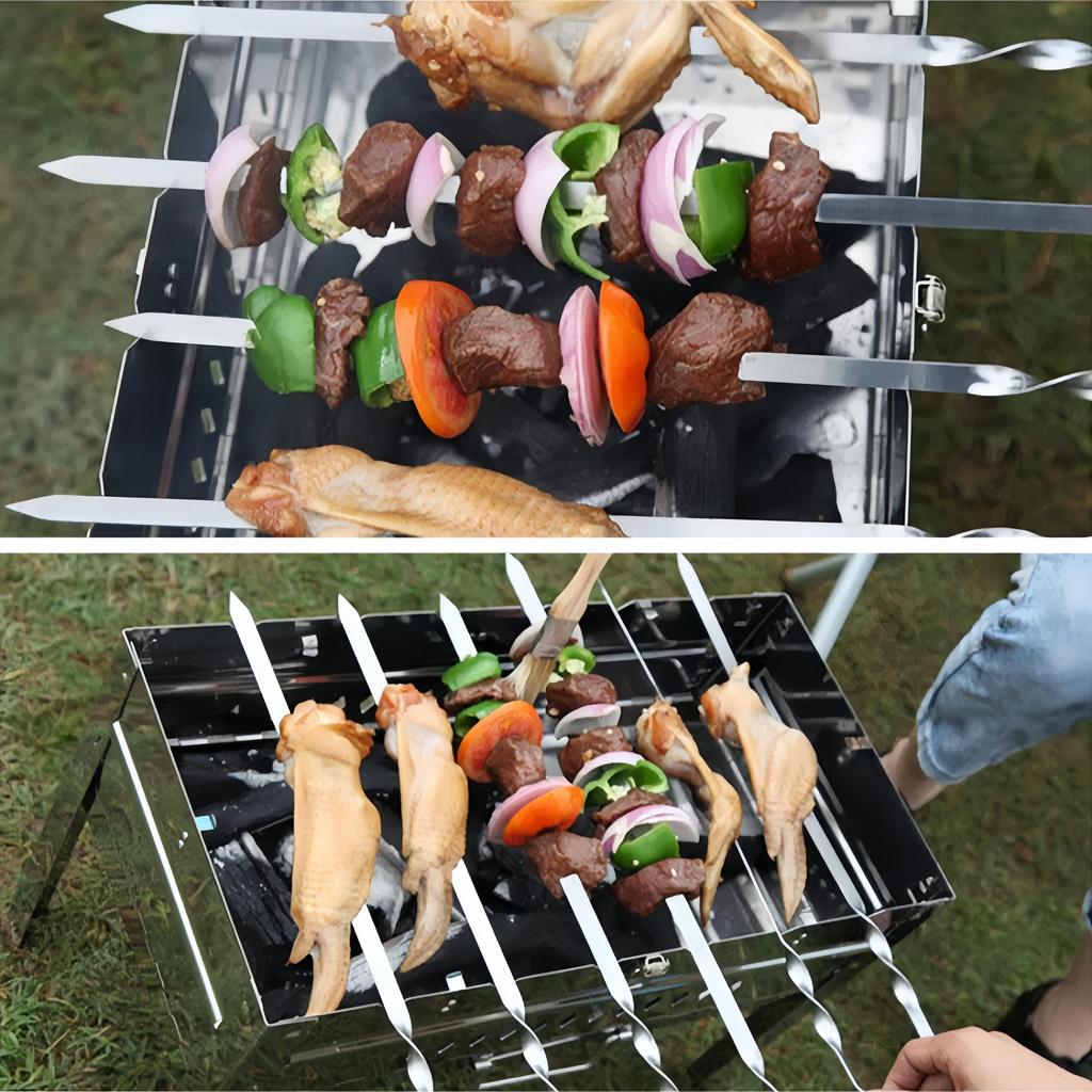 6 szt. Szaszłyki ze stali nierdzewnej Płaskie patyczki do BBQ Metalowe szaszłyki do kebaba z drewnianą rączką Narzędzia do grilla na zewnątrz Akcesoria do grilla