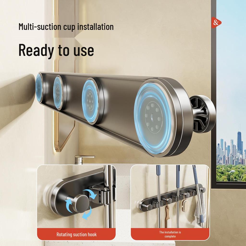 Držák na mop a koště se sacími přísavkami bez vrtání pro koupelnové úložné prostory