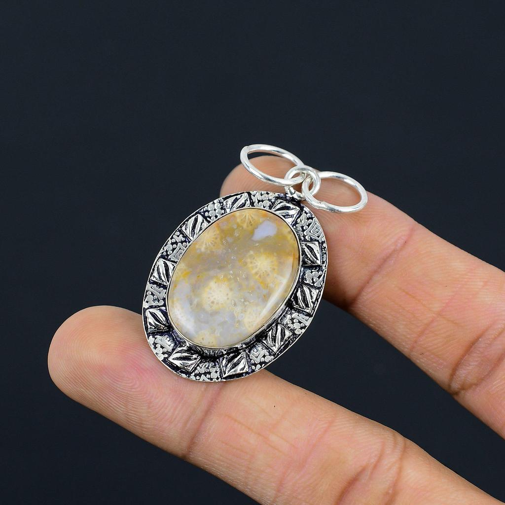 Natural Fossil Coral Gemstone Pendant 925 Sterling Silver Indian Jewelry