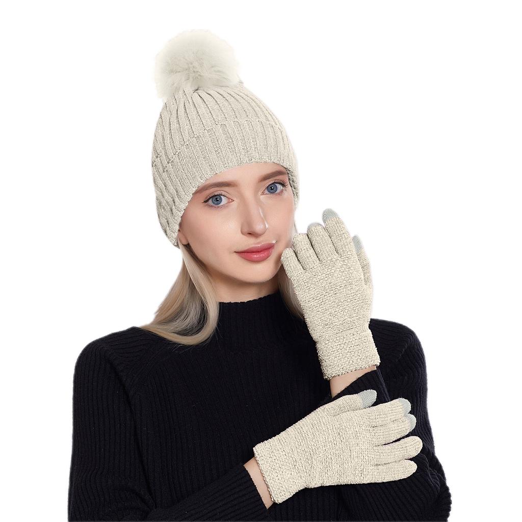 Knitted Hat, Women's Chenille Wool Hat, Glove Set, Thickened Warm Wool Ball Hat