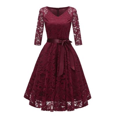 Tight Mid Waist Flower Embroidery A-line Loose Hem Long Sleeve Double Layers Elegant Party Banquet Midi Dress