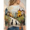 Apricot cute cat print design, elegant crew neck long-sleeve T-shirt for women's fashion for autumn and winter