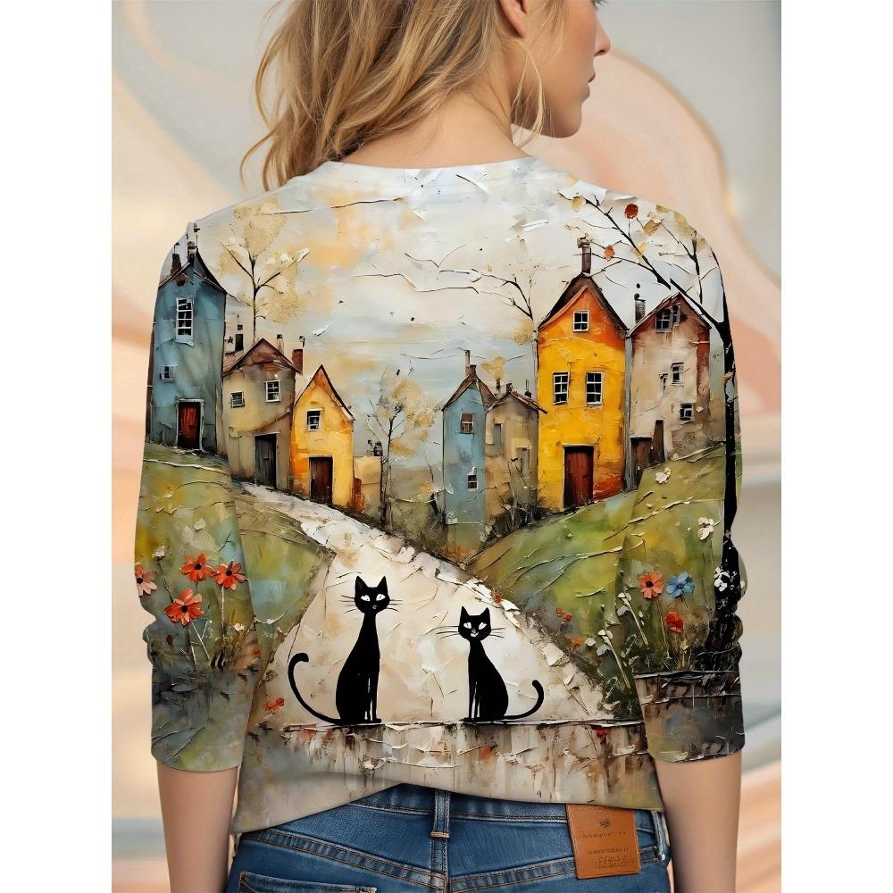 Apricot cute cat print design, elegant crew neck long-sleeve T-shirt for women's fashion for autumn and winter