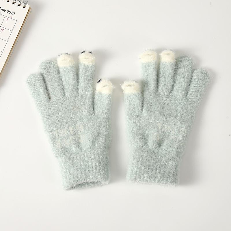 Winter Cartoon Cute Parent Child Gloves Riding Knitted Warm and Cold Baby Leaking Finger Gloves Yarn Thickened Gloves