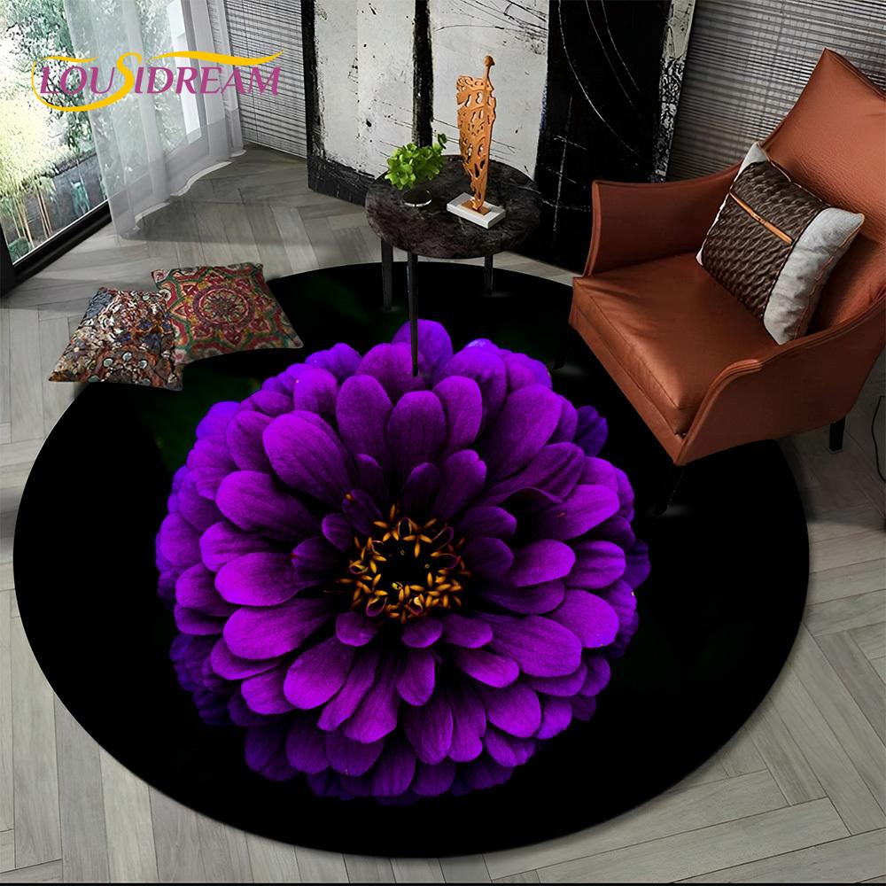 3D Dream Flower Rose Daisy Nordic Round Carpet Rug for Living Room Bedroom Child Playroom Chair Decor,Pet Area Rug Non-slip Mat