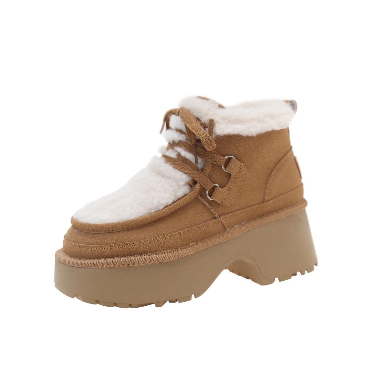 

Туфли на толстой подошве с завышенной талией и шнуровкой на танкетке из овечьей шерсти, зимние женские повседневные высокие ботинки 2024 года 35 коричневый