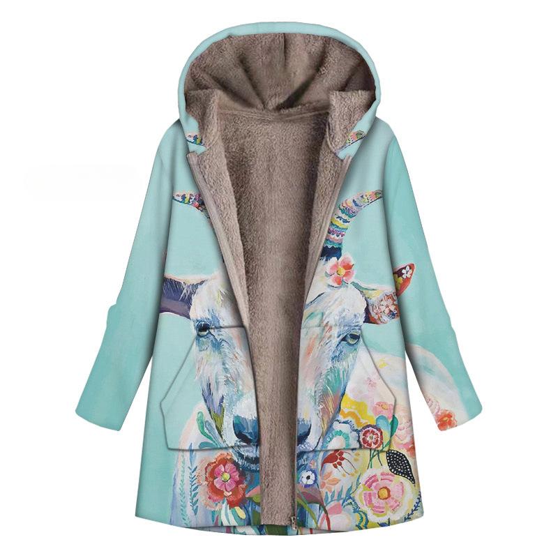 

Жіноча осінь-зима куртка з капюшоном у тварин із квітковим принтом, худі з квітковим принтом, вінтажні пальта великих розмірів, теплі ватні куртки, жіночі парки 4XL синій/зелений