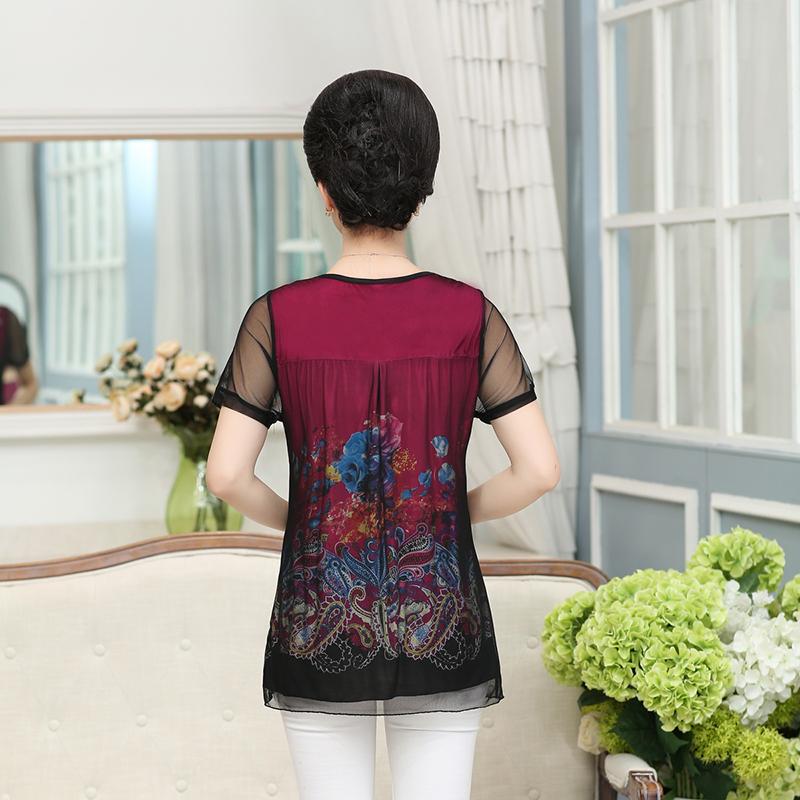 Summer Women's Plus Size Blouse Loose Mesh Printed V-Neck Short Sleeve Blouse
