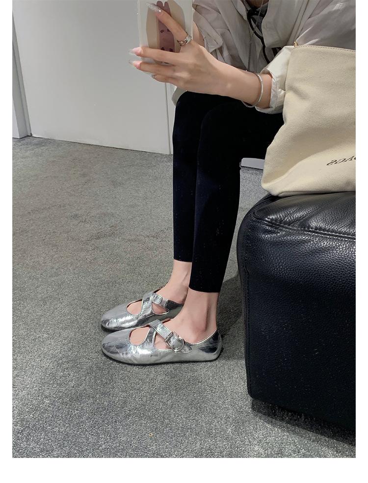 Sheepskin version~ Leather soft-soled silver Mary Jane single shoes women's cross-buckle round head ballet flat shoes small leather shoes