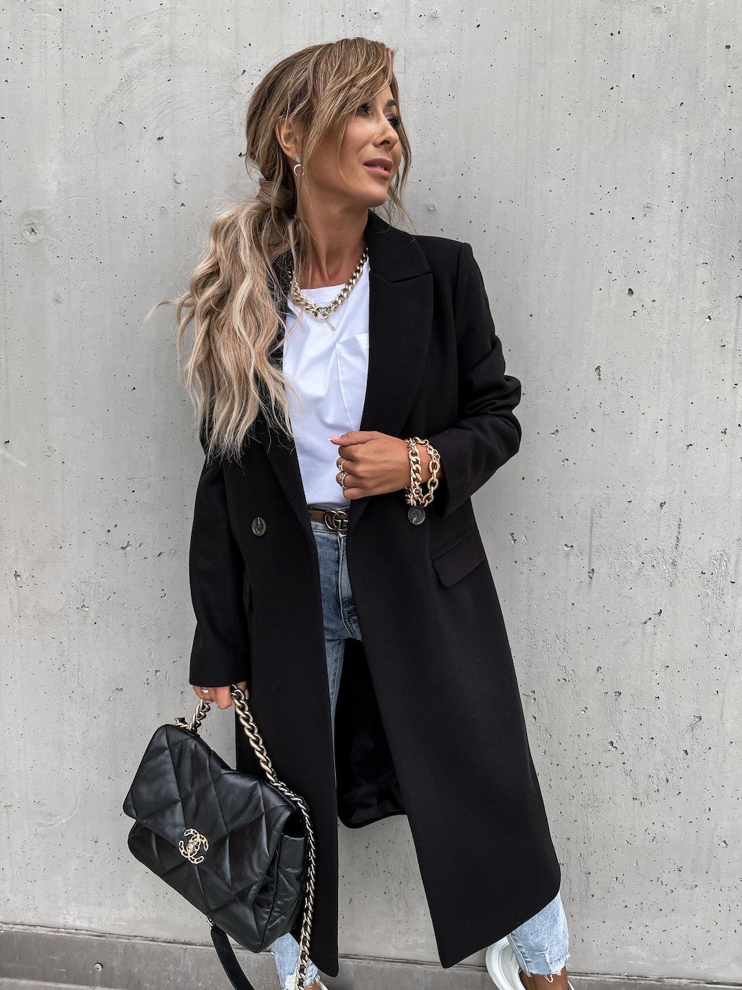 Women s Long Double Breasted Blazer Coat In Beige, Light Gray, Black & Off White with Notched Lapel S чёрный