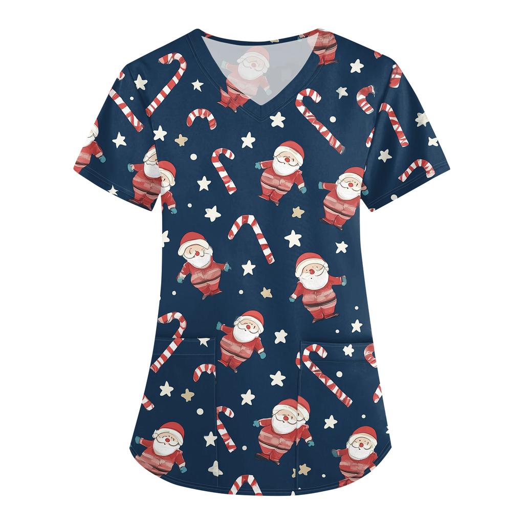 Women's Christmas Print Loose V-Neck Pocket Short-Sleeved Uniform