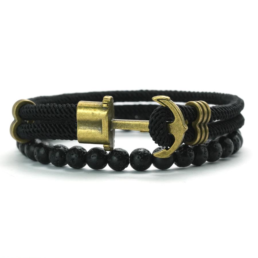 2Pcs Retro Anchor Bracelet For Men 6mm Natural Lava Stone Braslet Set Pulseria Hombre Nautical Wrap Rope Braclet Leisure Jewelry