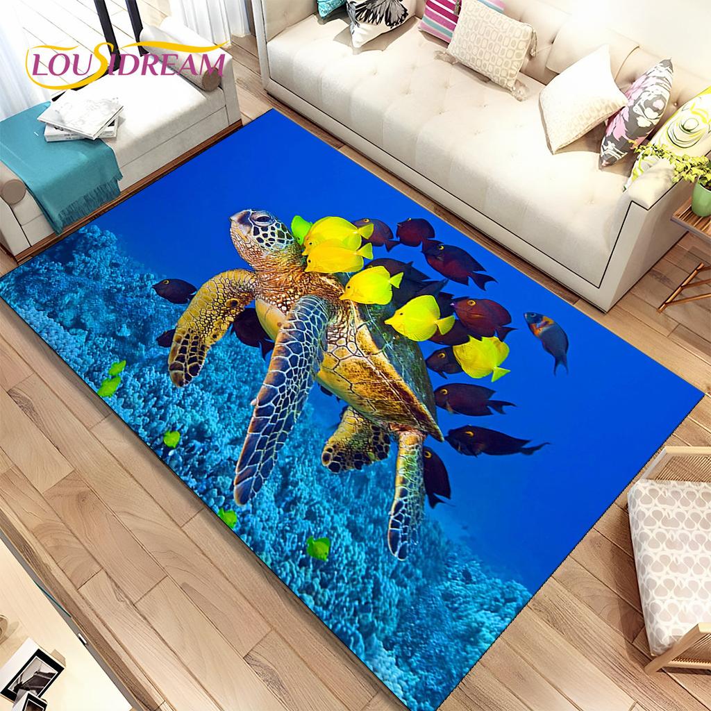 3D-Teppich mit Meeresboden, Unterwasserwelt, Delfin- und Schildkrötenmotiv, Teppich für Wohnzimmer, Schlafzimmer, Sofa, Fußmatte, rutschfeste Bodenmatte für Kinder