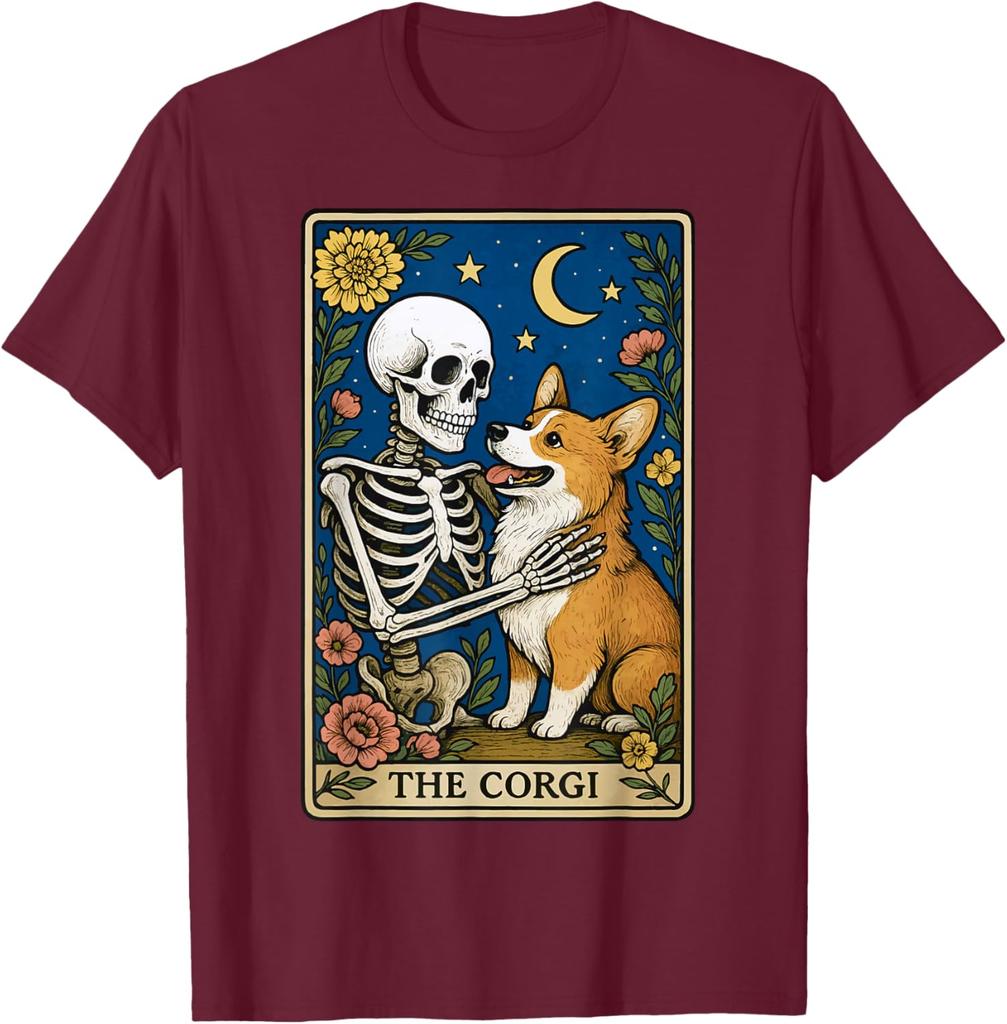 The Corgi Skeleton Tarot Card Graphic Print Cotton Round Neck Casual T-Shirt Men