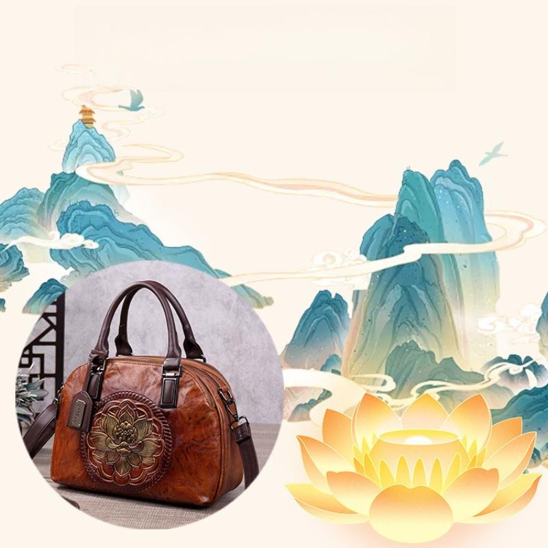 Vintage Chinese Style Shoulder Crossbody Bags for Women Embossing Print Tote Bags Large Capacity Multi-Pocket Soft Handbags