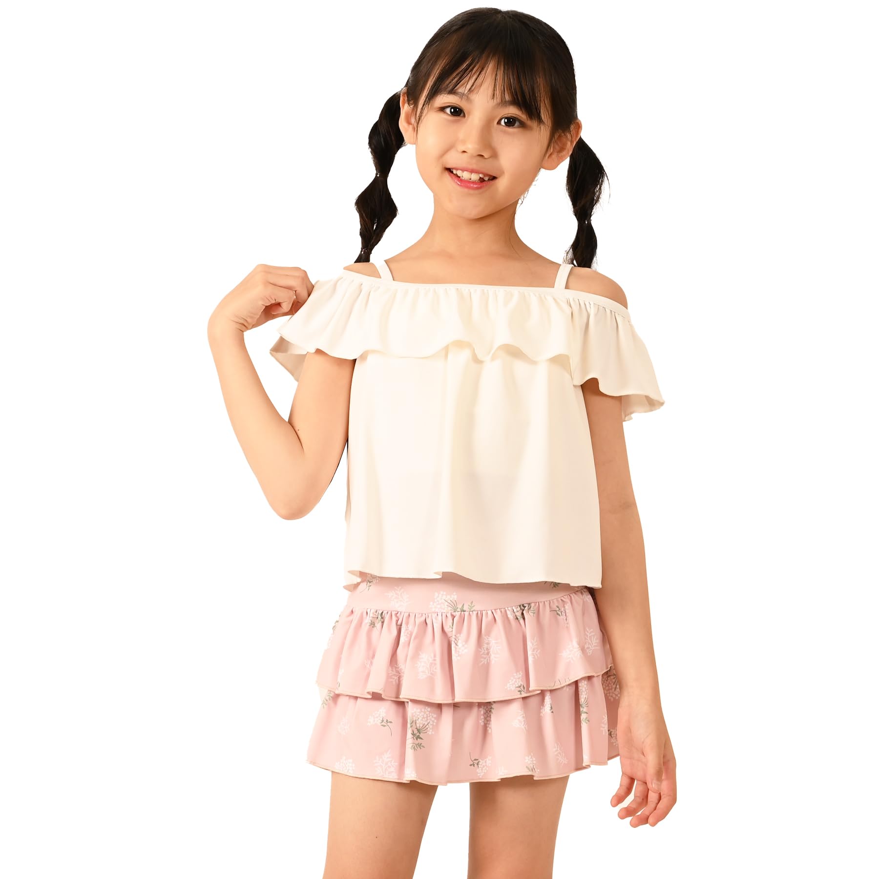 

separate for girls ak2214 [AMUSA] 2-way off-the-shoulder swimsuit, 2-piece set, kids, juniors, girls, children, (white pink, 140)