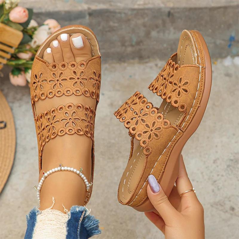 Fashion Hollow Out Flower Wedge Sandals Women Summer 2025 Soft Bottom Slip On Platform Slides Woman Plus Size 43 Heels Rome Shoes Woman