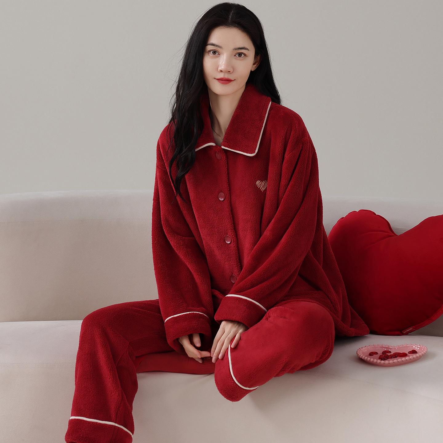 

Couple s Winter Flannel Pajama Set: Warm Long-Sleeve Cardigan & Pants in Thick Coral Fleece XXL