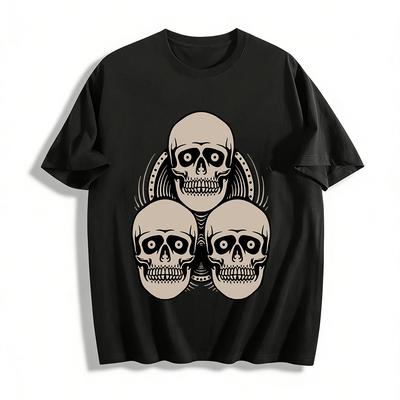 Three Skull Print Dark Style T-Shirt Cool Street Casual Top Pure Cotton T-shirt